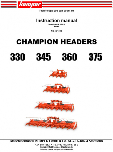 Kemper 330-345-360-375 cornheader instruction manual USA